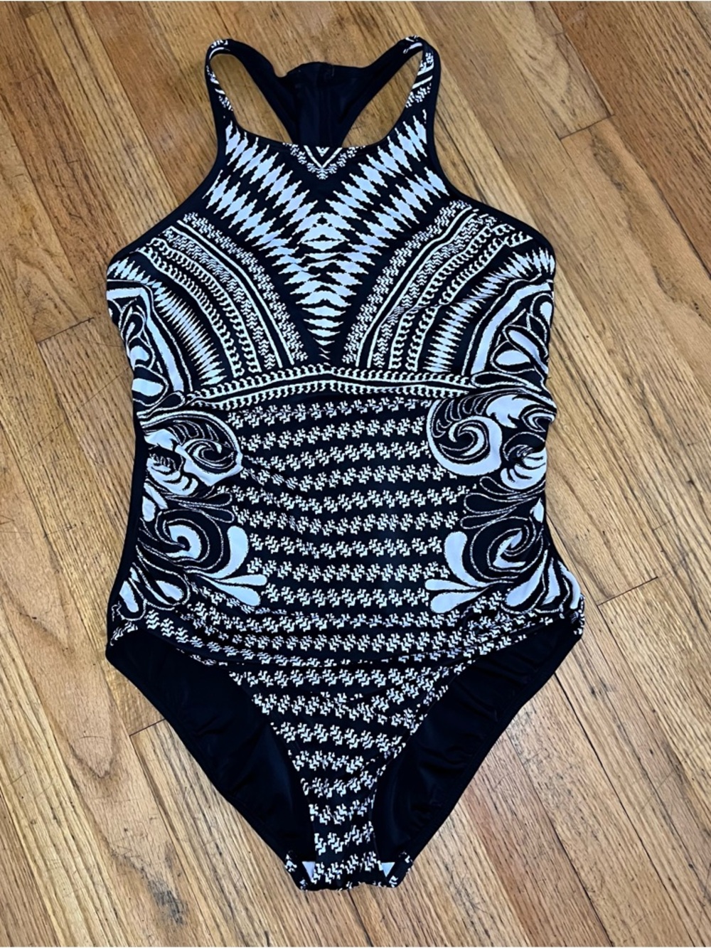 Aqua Green Black & White Patterned High-Neck One-Piece